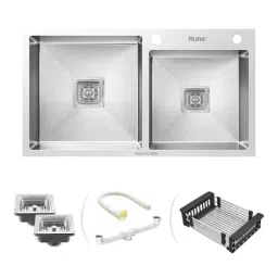 Ruhe 32x18x10 inch Stainless Steel 304 Matt Finish Handmade Double Bowl Kitchen Sink with Tap Hole, 13-0311-01-picture-27