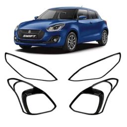 SureStrive 4 Pcs Glossy Black Chrome Finish Head &a; Tail Light Cover Set for Maruti Suzuki New Swift 2018-12
