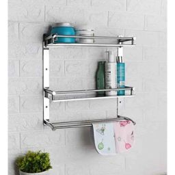 Voltizi 2 Shelves Stainless Steel Silver Chrome Finish Multipurpose Wall Shelf with Toothbrush Holder &a; Soap Dish-picture-10