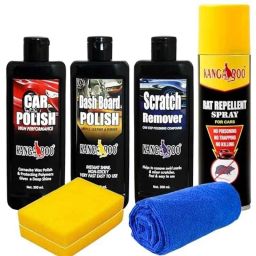 Kangaroo 200ml Car Polish, 200ml Dashboard Polish, 200ml Scratch Remover, 200ml Rat Repellent Spray, 2 Pcs Foam Applicators &a; Multipurpose Microfiber Cloth Combo-12