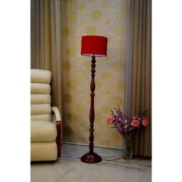 Tucasa Royal Brown Mango Wood Floor Lamp with Red Drum Polycotton Shade, WF-93-18