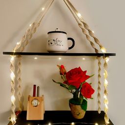 VAH Kya Bat Hai !! Black & Beige Macrema Knotting 2 Tier Hanging Wall Shelf With LED light-36