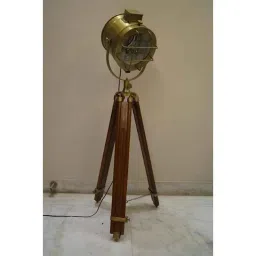 Tucasa Mango Wood Brown Tripod Spot Light Floor Lamp with Antique Brass Shade, P-96-image-18