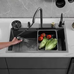 ZeeCry Stainless Steel 304 Single Bowl Kitchen Sink 30x18x10 inch Black Matt Multifunction with Anti Scratch Honeycombnet Design, 2 Drain SS Basket, Soap Dispenser, Cup Washer, RO Water Kit &a; Waterfall Faucet-image-15