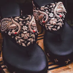 NR By Nidhi Rathi Black Velvet Embroidered Heels-image-83