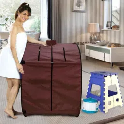 Kawachi 750W Chocolate Brown Portable Steam Sauna Bath for Health &a; Beauty Spa at Home with Folding Stool, KC08-12