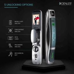 Denler DL04 Black Digital Smart Door Lock with 3D Face ID, Video &a; Unlock from app, Dual Battery, Wi-Fi, Unlock Using App, Fingerprint, RFID Card, PIN &a; Key image 2