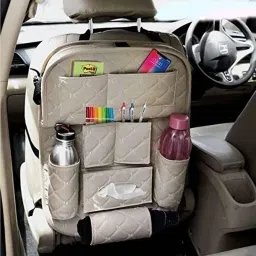 AllExtreme EXFTEXBE 7D PU Leather Beige Car Back Seat Organizer with Foldable Table Tray, Backseat Bottle &a; Tissue Holder-26