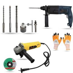 Hillgrove 750W Forward &a; Reverse Rotation Hammer Impact Drill Machine with Angle Grinder, 3 Pcs SDS Plus Bit, Drill Chuck, SDS Plus Adapter &a; Gloves, HGCM865-21