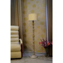 Tucasa Classic White Mango Wood Floor Lamp with Off White Drum Polycotton Shade, WF-77-13