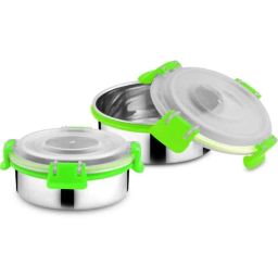 Classic Essentials 2 Pcs 300ml Stainless Steel Silver &a; Green Container Lunch Box with Bento Lock Set (Pack of 2)-1