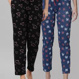 Kryptic Women Pack Of 2 Navy Blue & Black Printed Pure Cotton Lounge Pant-image-85