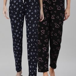Kryptic Women Pack of 2 Black & Blue Printed Mid Rise Cotton Lounge Pants-image-26