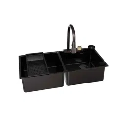 IRIS Stainless Steel 304 Double Bowl Kitchen Sink 45x20 inch Black Waterfall with Pull Out Faucet, Chopping Board, Glass Rinser, Soap Dispenser &a; Strainer-picture-17