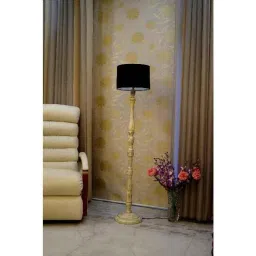Tucasa White Mango Wood Floor Lamp with Black Drum Polycotton Shade, WF-136-13