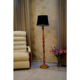 Tucasa Mango Wood Camel Floor Lamp with Black Cylindrical Polycotton Shade, WF-113-81