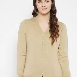 Zigo Women Woolen Beige Solid Front Open Cardigan-image-61