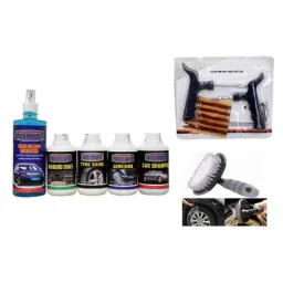 Indopower Ff939 Car glass Cleaner, Dashboard Shiner, Tyre Shiner, Leather Shiner, Car Shampoo, Tubeless Smart Panchar Kit, All Tyre Cleaning Brush Kit, AHh941-17