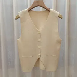 StyleCast Beige Sleeveless Acrylic Shirt Style Top-image-8