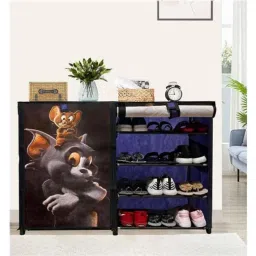 Urban Choice 8 Shelves Metal Frame Blue Unique Tom &a; Jerry Cartoon Print Modular Shoe Rack with 100 GSM Fabric-image-41