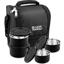 Classic Essentials 4 Pcs 350ml Stainless Steel Black Container Lunch Box with Bag (Pack of 3)-1