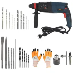 Hillgrove HGCM251M1 1200W 26mm Hammer Impact Drill Machine Set Gloves, 13mm Drill Chunk, SDS Adapter, 5 Pcs HSS, 5 Pcs Wood &a; 5 Pcs Masonry Drill Bit, HGCM512-14