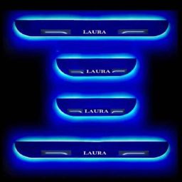Car Accessories Hub 4 Pcs Acrylic Black Sill Scuff Plate Set with Blue LED for Skoda Laura All Model-image-26