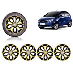 Auto Pearl 4 Pcs 14 inch Black &a; Golden ABS Press Type Hubcap Wheel Cover Set with Retention Ring for Tata IndicaVista-picture-17
