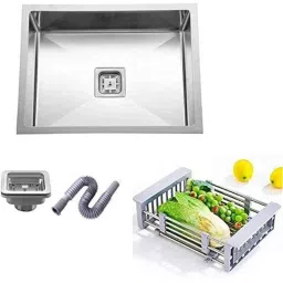 Happy Homes 20x17x10 inch Matt Satin Finish Stainless Steel Single Bowl Modular Kitchen Sink with Square Coupling &a; Metal Fruit Basket, HH-04-image-42