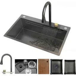 Fossa 30x18x10 inch Stainless Steel Black Waterfall Workstation Single Bowl Kitchen Sink with Pull-Out Faucet, FS-WF1-picture-48