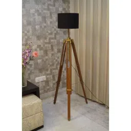 Tucasa Mango Wood Brown Tripod Floor Lamp with Polycotton Black Shade, P-77-image-64
