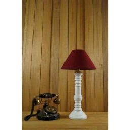 Tucasa Mango Wood White Table Lamp with 10 inch Polycotton Maroon Pyramid Shade, WL-108-15