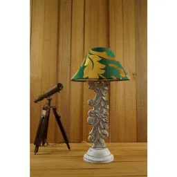 Tucasa Mango Wood Antique White Carving Table Lamp with 10 inch Polycotton Green Gold Pyramid Shade, WL-13-image-71