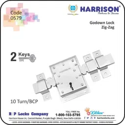 Harrison Zig-Zag 10 Turn BCP Finish Godown Lock with 2 Keys for Double Door, 0579 image 2