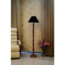 Tucasa Mango Wood Brown Floor Lamp with Black Conical Polycotton Shade, WF-9-3