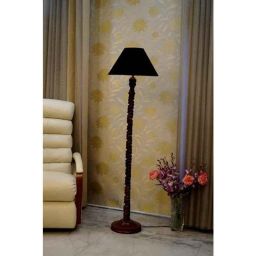 Tucasa Mango Wood Dark Brown Floor Lamp with Black Conical Polycotton Shade, WF-129-5