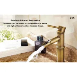 IRIS 30cm Brass Bamboo Style Table Mounted Single Lever Basin Mixer with 2 Braided Connection Pipes image 3