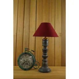 Tucasa Mango Wood Grey Table Lamp with 10 inch Polycotton Maroon Pyramid Shade, WL-149-18