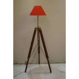 Tucasa Mango Wood Brown Tripod Floor Lamp with Polycotton Red Shade, P-122-7