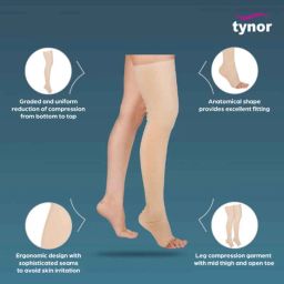 Tynor Compression Garment Leg Mid Thigh Open Toe Support, I78CAI, Size: Large (Wide) image 3