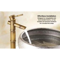 IRIS 30cm Brass Bamboo Style Table Mounted Single Lever Basin Mixer with 2 Braided Connection Pipes image 2