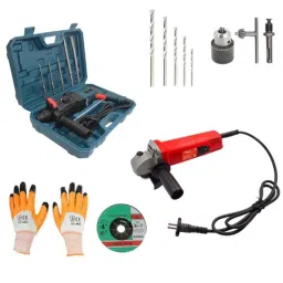 Hillgrove HGCM370M1 1200W 26mm Hammer Impact Drill Machine, 850W Angle Grinder, Drill Chunk, SDS Adapter, 5P cs SDS Plus Bits &a; 5 Pcs Masonry Drill Bits Combo, HGCM662-17