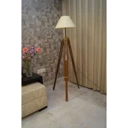 Tucasa Mango Wood Brown Tripod Floor Lamp with Polycotton Off White Shade, P-87-picture-35