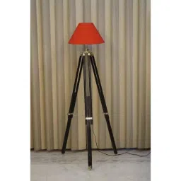 Tucasa Mango Wood Black Tripod Floor Lamp with Polycotton Red Shade, P-108-13