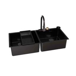 IRIS Waterfall 45x20 inch Stainless Steel 304 Black Double Bowl Kitchen Sink with Pull Out Faucet &a; Chopping Board-picture-15