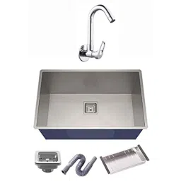 Spazio 24x18x10 inch Stainless Steel &a; Brass Silver Matt Finish Single Bowl Kitchen Sink with Hexa Collection Brass Sink Cock Tap, Waste Coupling, Waste Pipe &a; Basket-picture-5
