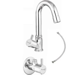 Prestige Dove 3 Pcs Brass Chrome Finish Swan Neck Basin Tap, Connection Pipe &a; Angle Valve Set by Moglix-0