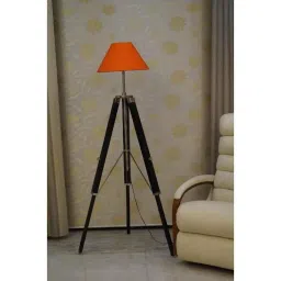 Tucasa Mango Wood Black Tripod Floor Lamp with Polycotton Orange Shade, P-139-25