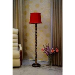 Tucasa Mango Wood Black &a; Gold Floor Lamp with Red Cylindrical Polycotton Shade, WF-73-8