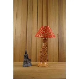 Tucasa Mango Wood Orange Carving Table Lamp with 10 inch Polycotton Red Circle Pyramid Shade, WL-87-image-88